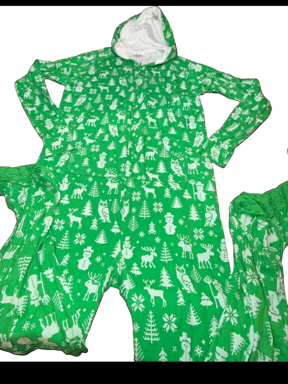 Green HOLIDAY CHRISTMAS Footed HOODED Pajamas mens XL SNOWMAN owl Snowflake deer